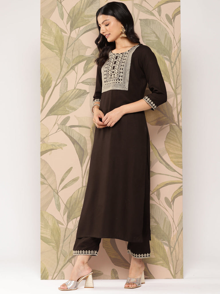 Women's Brown Embroidered Straight Kurta With Palazzo And Dupatta