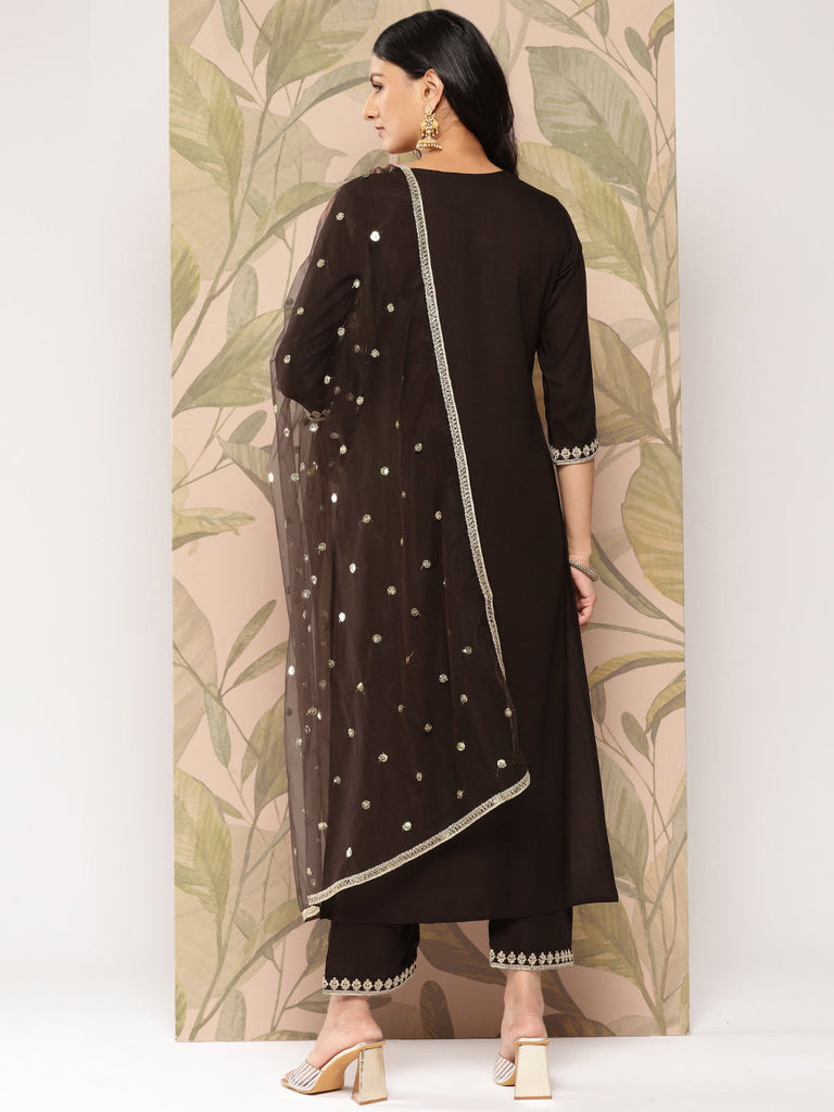 Women's Brown Embroidered Straight Kurta With Palazzo And Dupatta