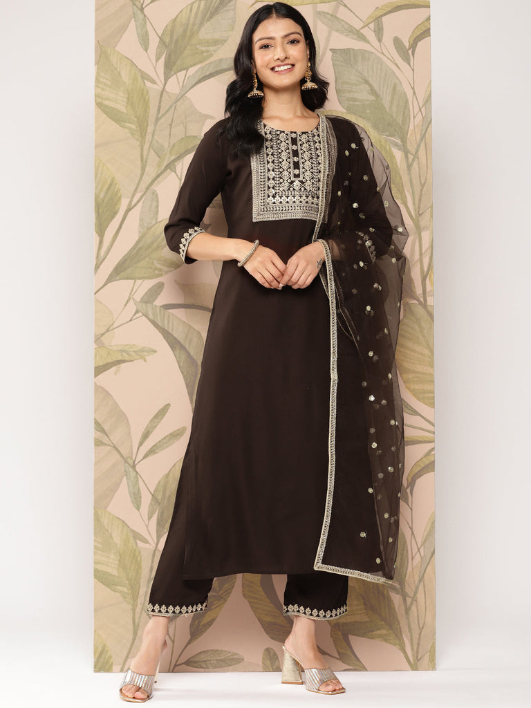 Women's Brown Embroidered Straight Kurta With Palazzo And Dupatta