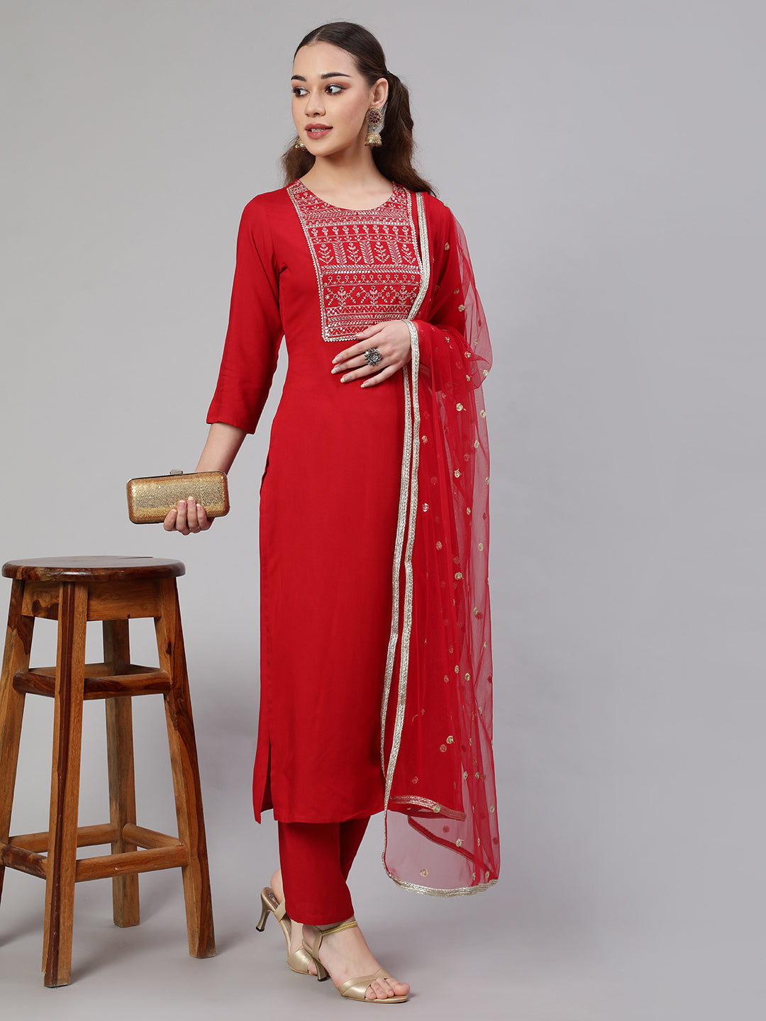 Women's Red Embroidered Straight Kurta With Palazzo And Net Dupatta - Nayo Clothing
