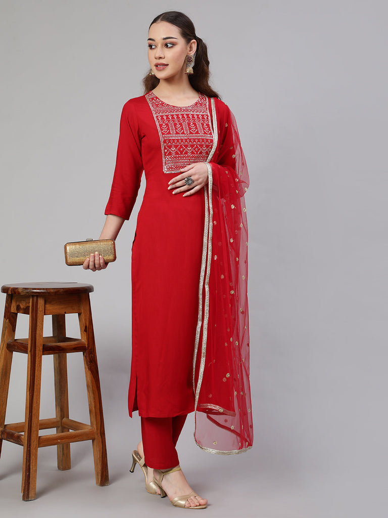 Women's Red Embroidered Straight Kurta With Palazzo And Net Dupatta