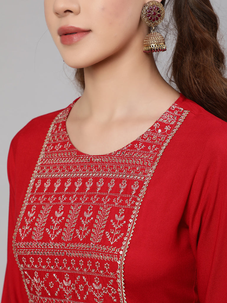 Women's Red Embroidered Straight Kurta With Palazzo And Net Dupatta