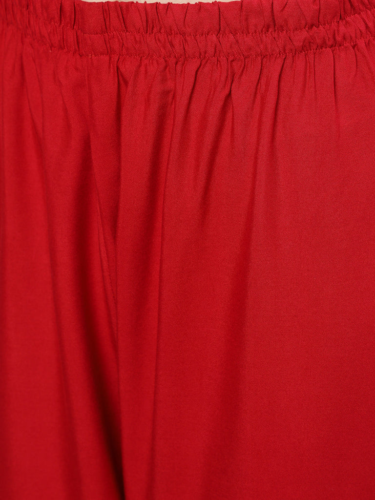Women's Red Embroidered Straight Kurta With Palazzo And Net Dupatta