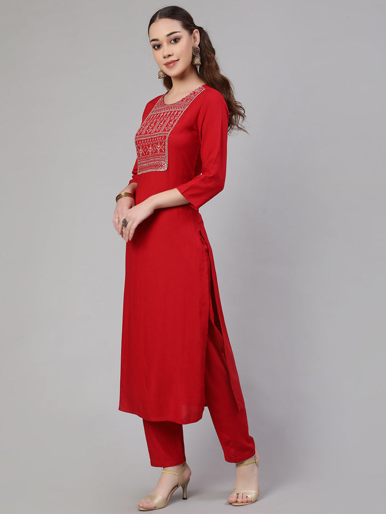 Women's Red Embroidered Straight Kurta With Palazzo And Net Dupatta
