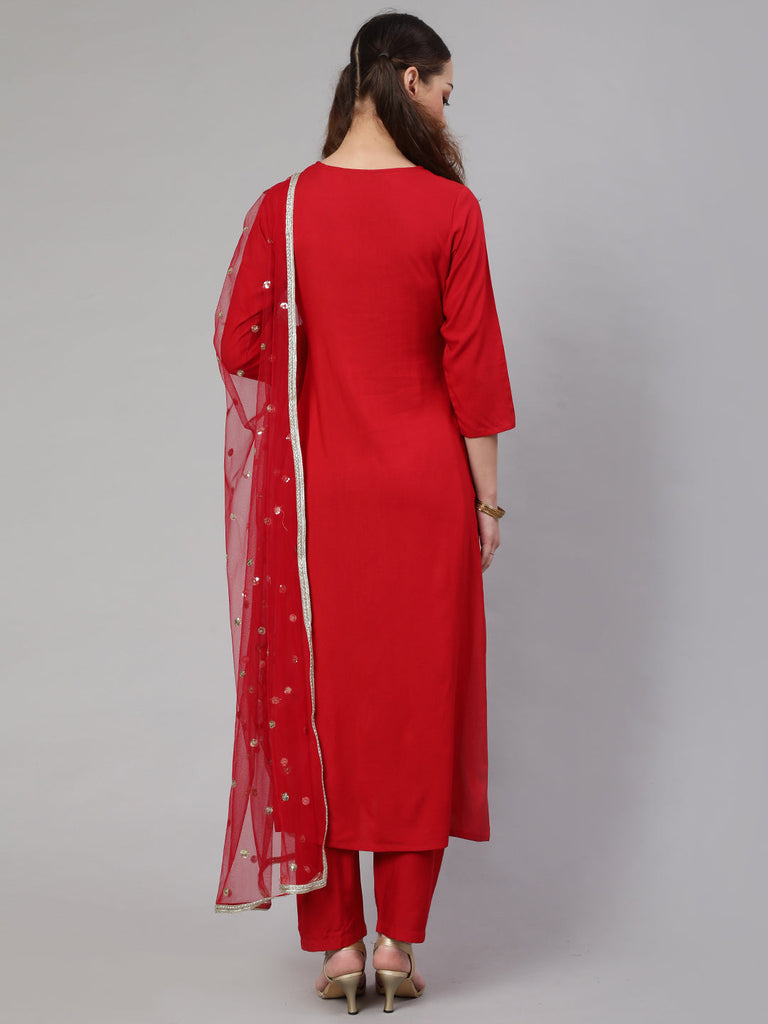 Women's Red Embroidered Straight Kurta With Palazzo And Net Dupatta