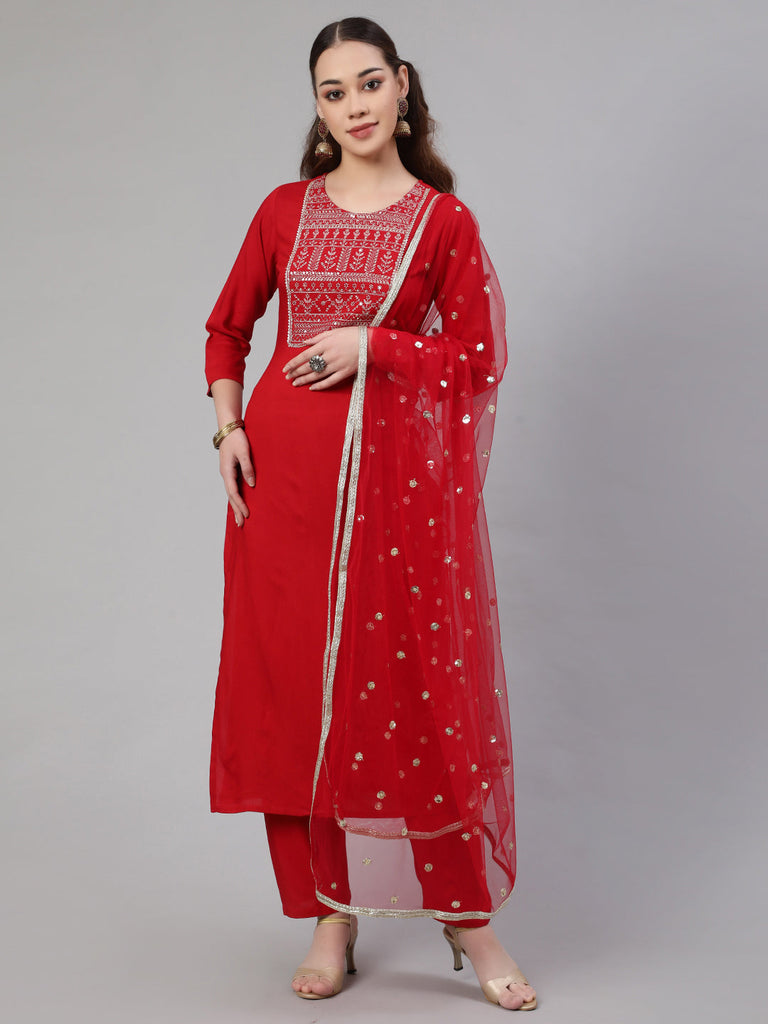 Women's Red Embroidered Straight Kurta With Palazzo And Net Dupatta
