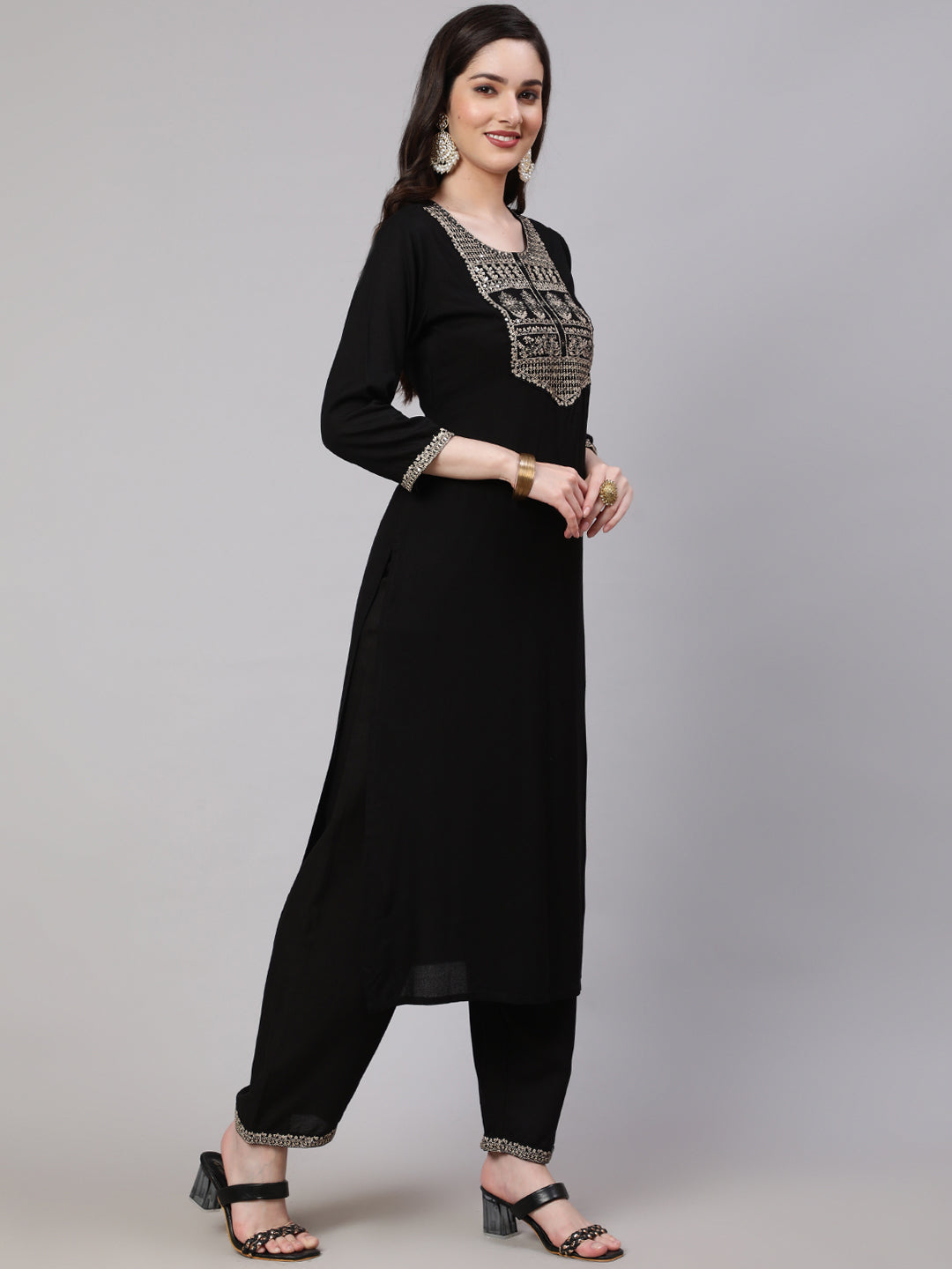 Women's Black Embroidered Straight Kurta With Palazzo And Net Dupatta - Nayo Clothing