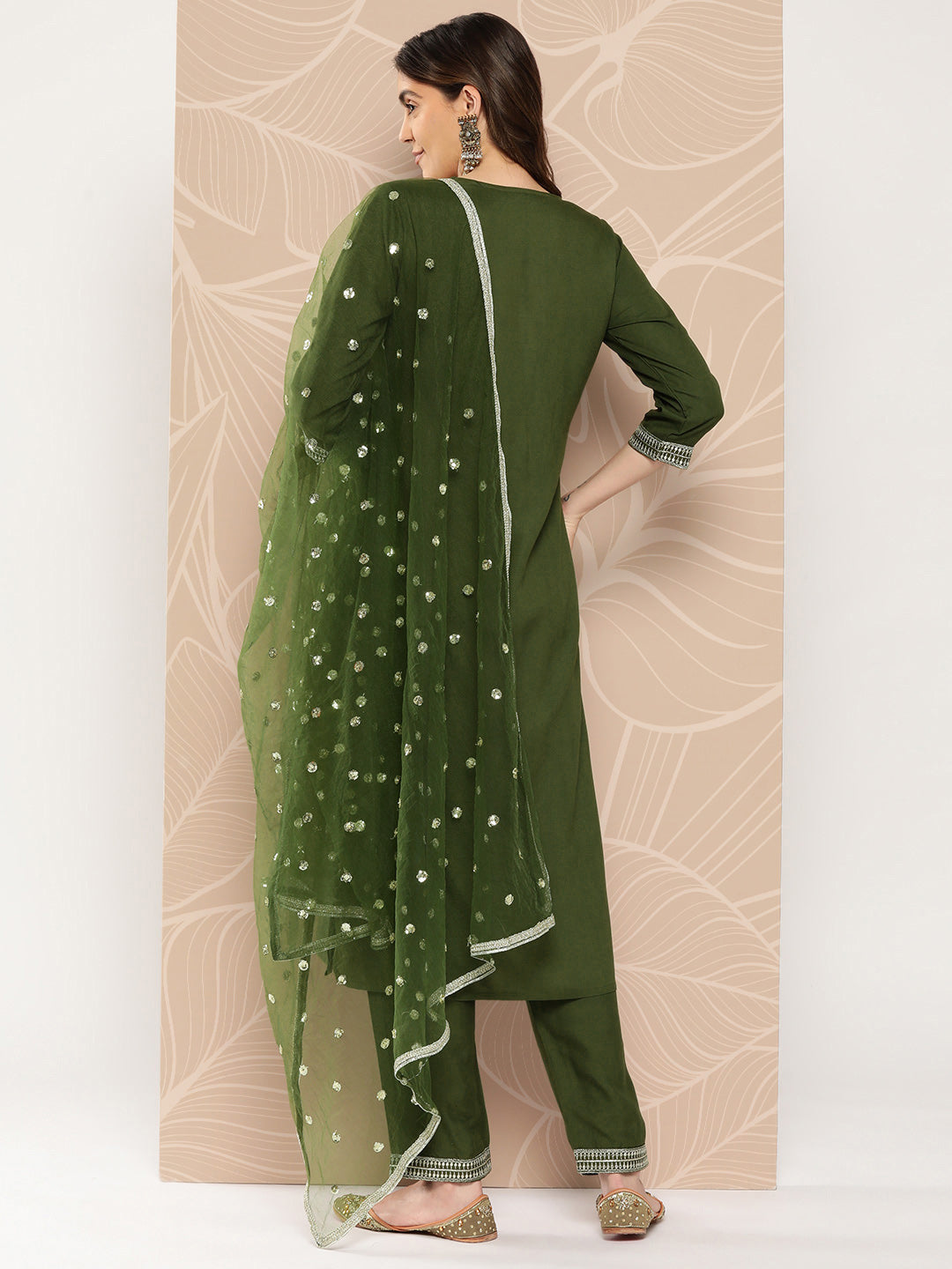 Women's Green Embroidered Straight Kurta With Palazzo And Dupatta - Taantav