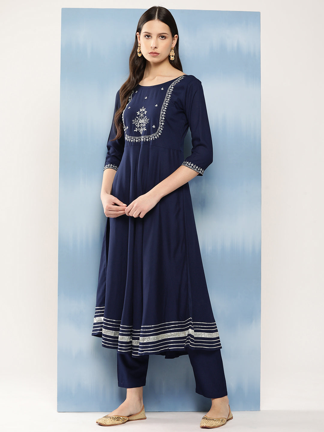 Women's Navy Blue Embroidered Anarkali Kurta With Trouser And Dupatta - Nayo Clothing