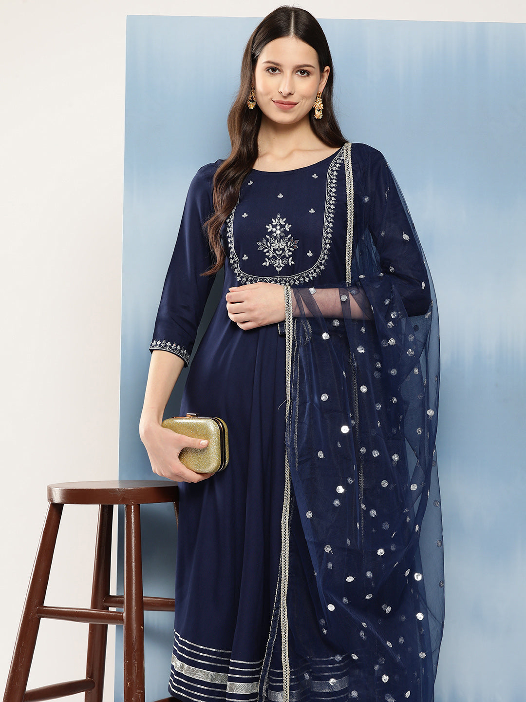 Women's Navy Blue Embroidered Anarkali Kurta With Trouser And Dupatta - Nayo Clothing