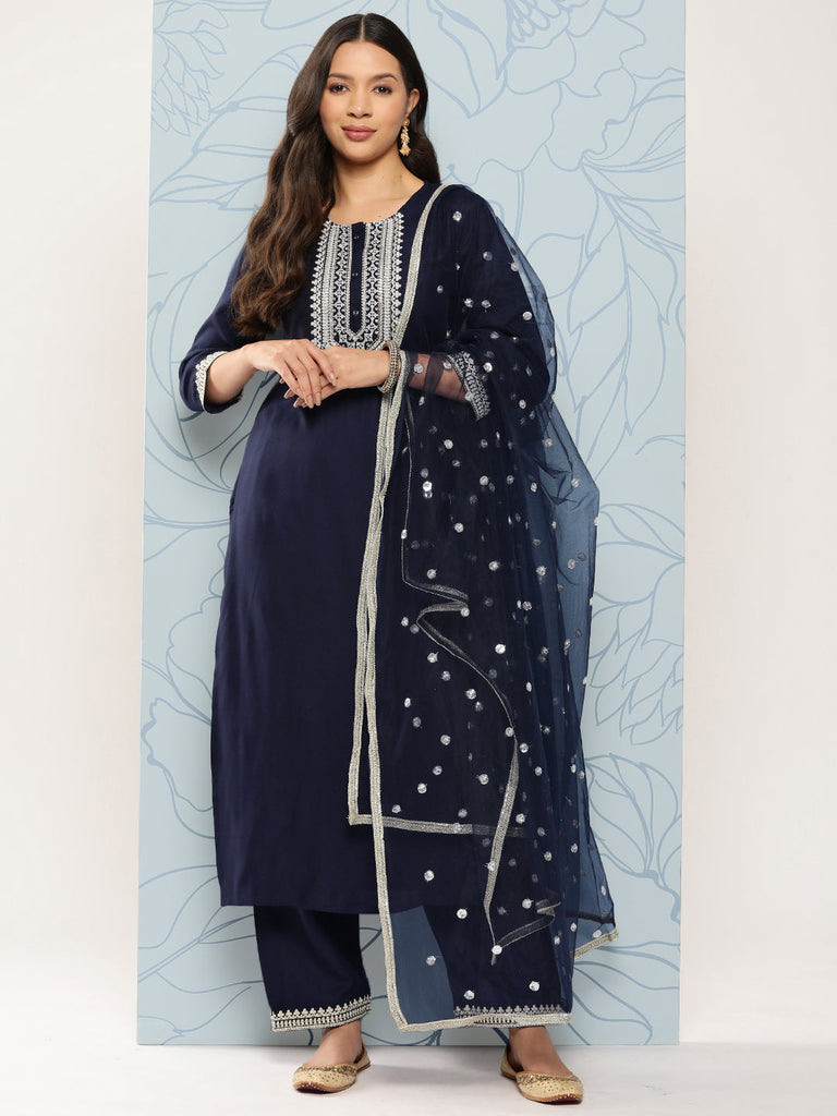 Women's Navy Blue Embroidered Straight Kurta With Palazzo And Net Dupatta