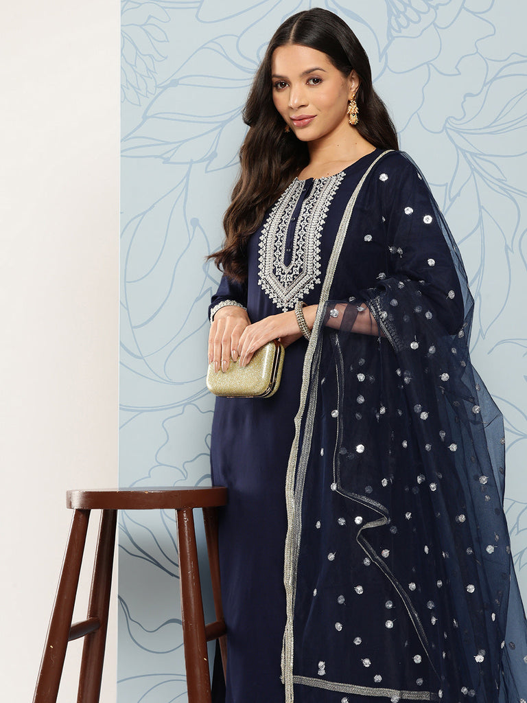 Women's Navy Blue Embroidered Straight Kurta With Palazzo And Net Dupatta