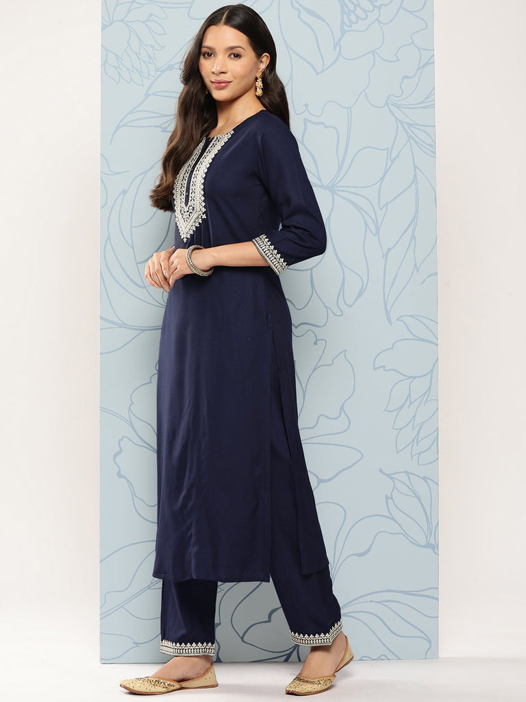 Women's Navy Blue Embroidered Straight Kurta With Palazzo And Net Dupatta
