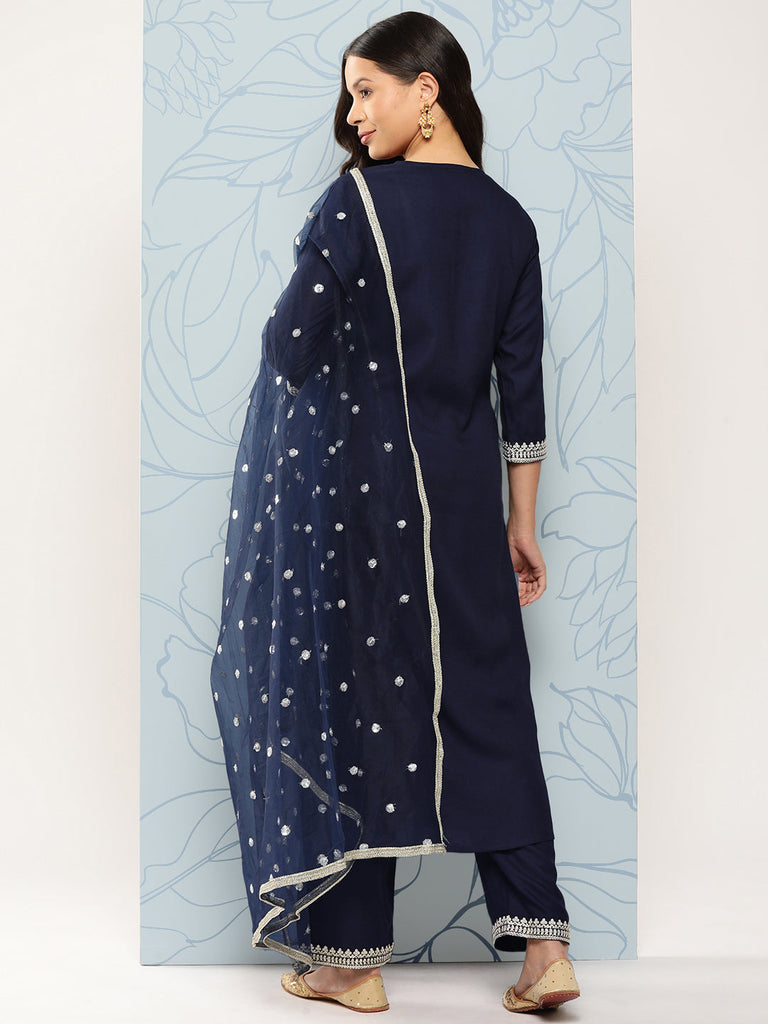 Women's Navy Blue Embroidered Straight Kurta With Palazzo And Net Dupatta
