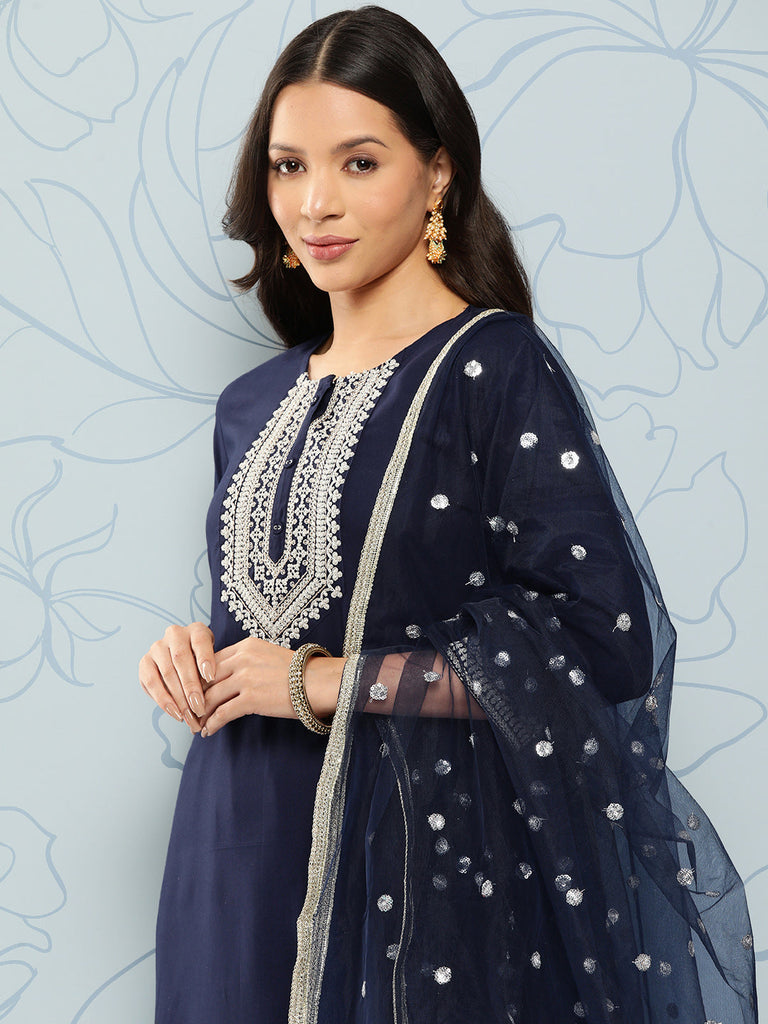 Women's Navy Blue Embroidered Straight Kurta With Palazzo And Net Dupatta
