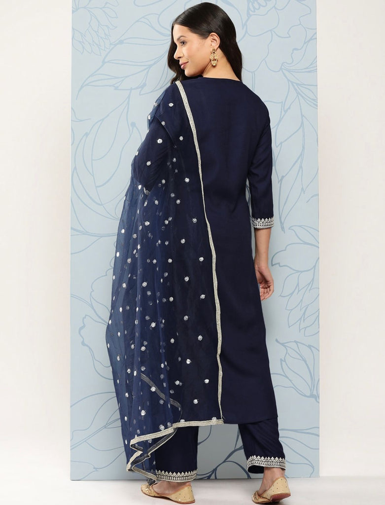 Women's Navy Blue Embroidered Straight Kurta With Palazzo And Net Dupatta