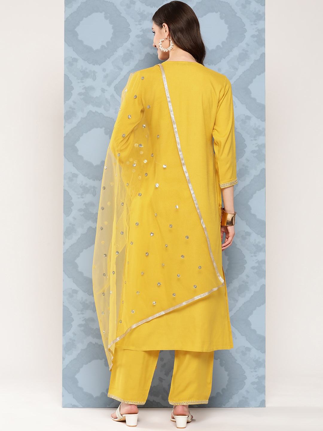 Women's Yellow Embroidered Straight Kurta With Palazzo And Net Dupatta - Nayo Clothing