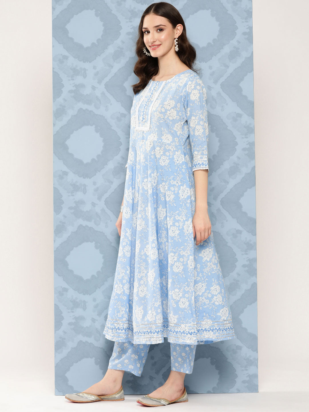 Women's Blue Printed Flared Kurta And Trouser With Dupatta - Nayo Clothing