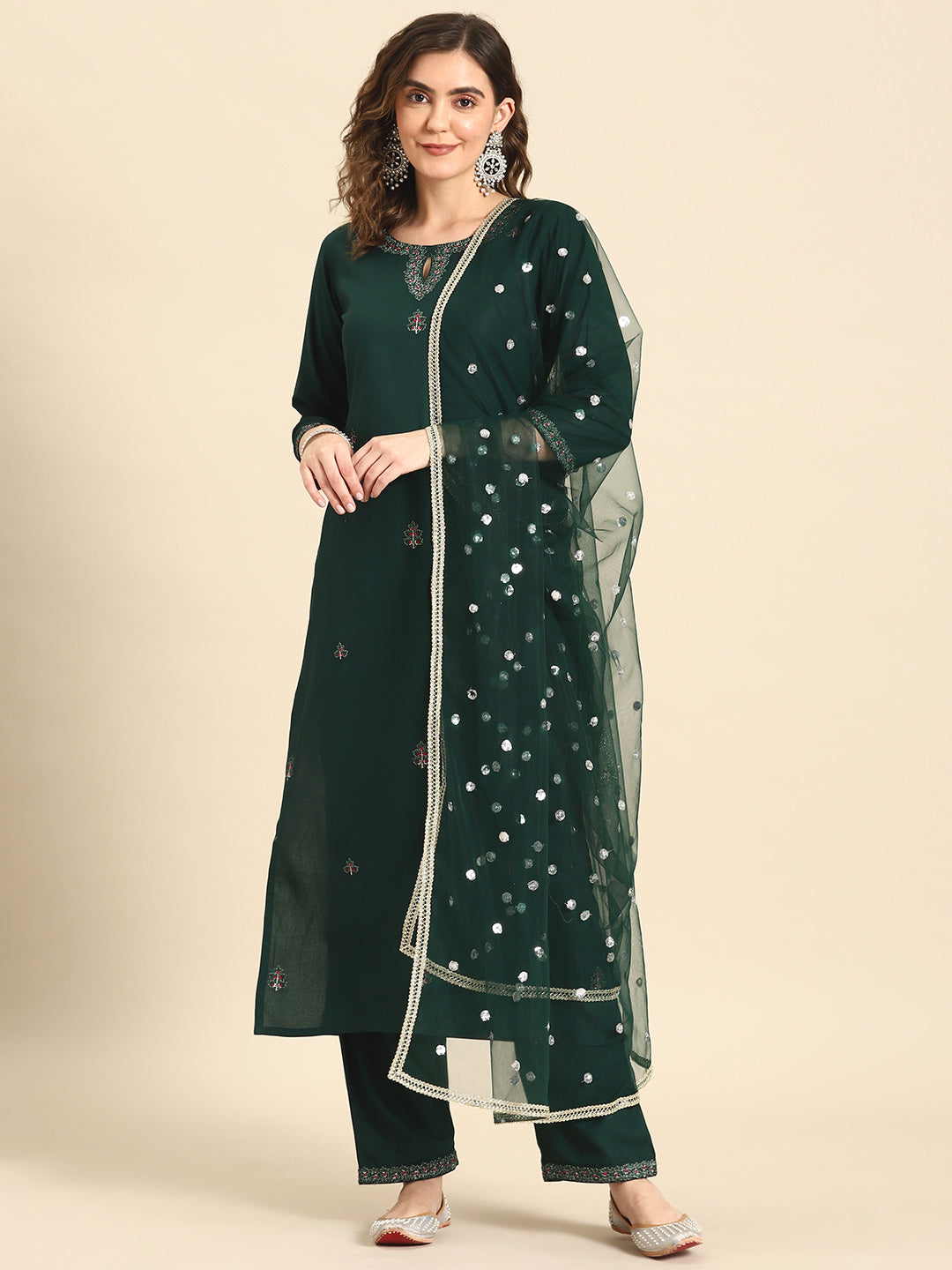Women's Green Embroidered Straight Kurta With Palazzo And Net Dupatta - Nayo Clothing