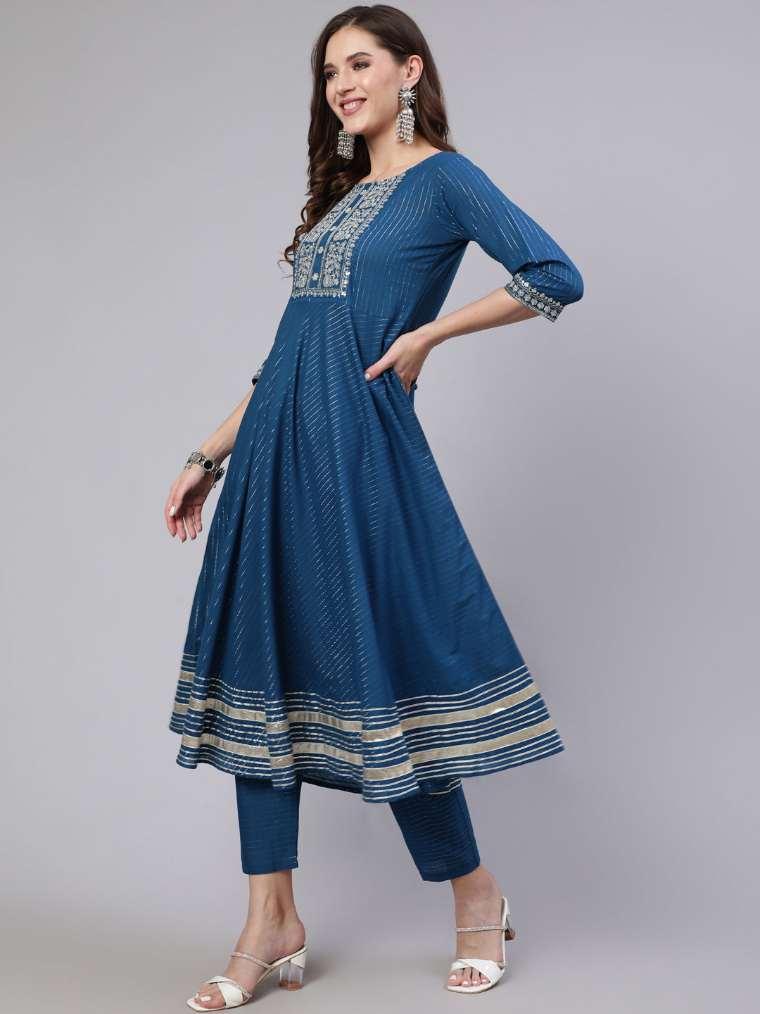 Women's Teal Blue Embroidered Flared Kurta With Trouser And Dupatta - Nayo Clothing