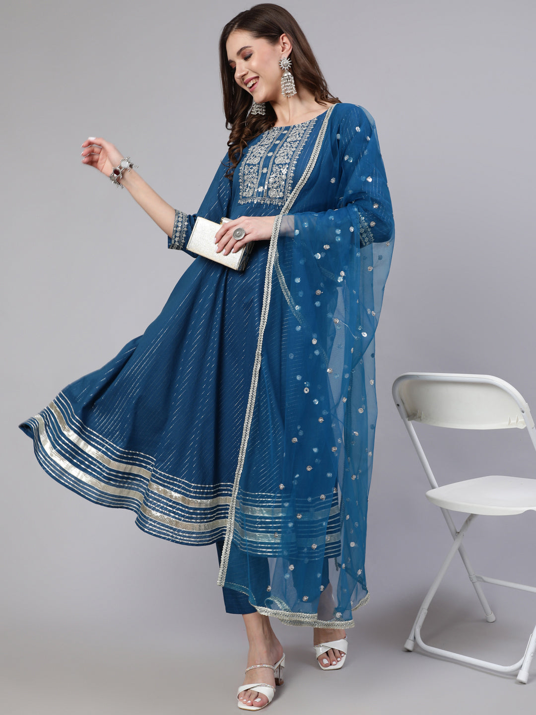 Women's Teal Blue Embroidered Flared Kurta With Trouser And Dupatta - Nayo Clothing