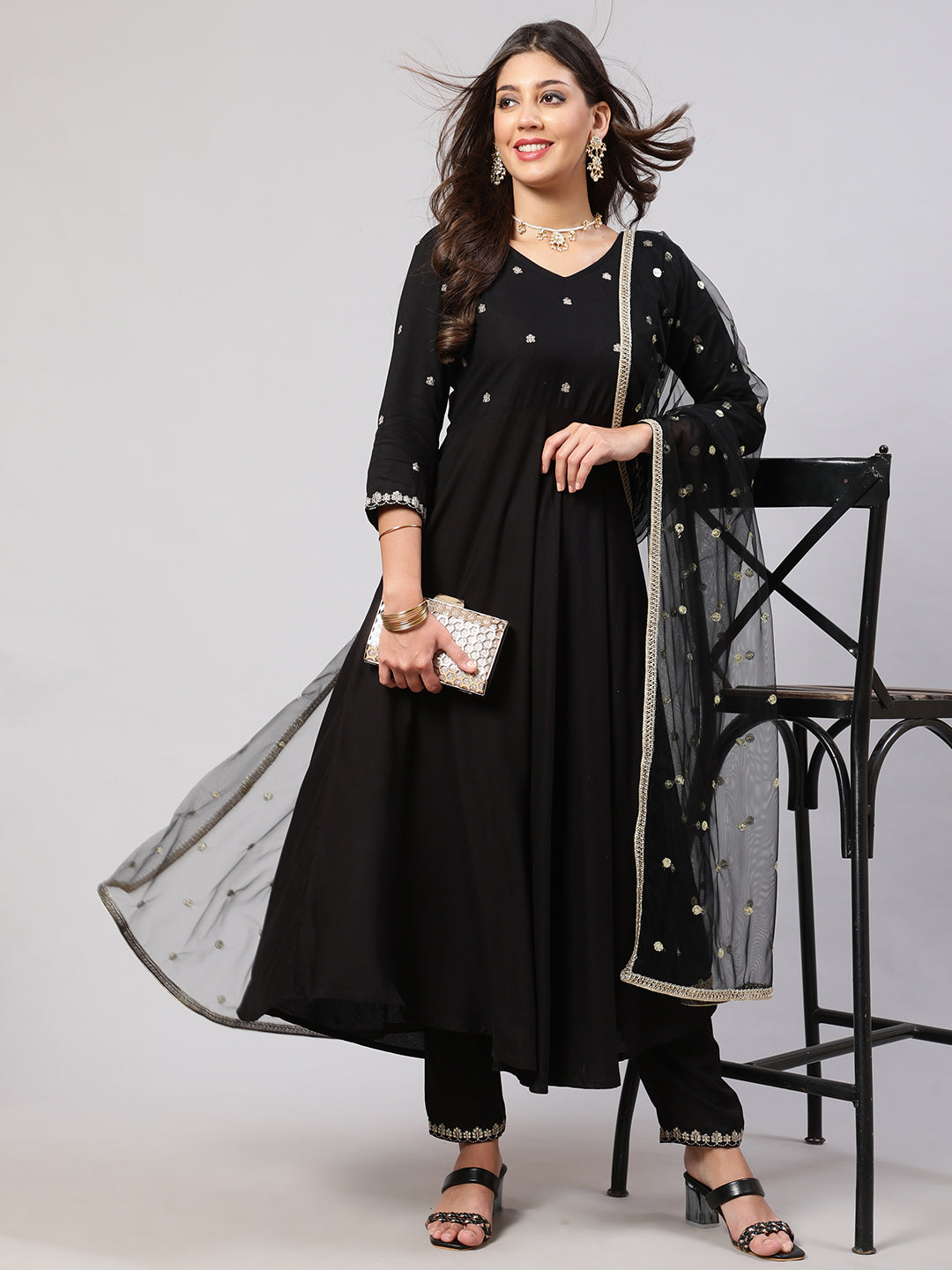 Women's Black Embroidered Flared Kurta With Trouser And Net Dupatta - Nayo Clothing