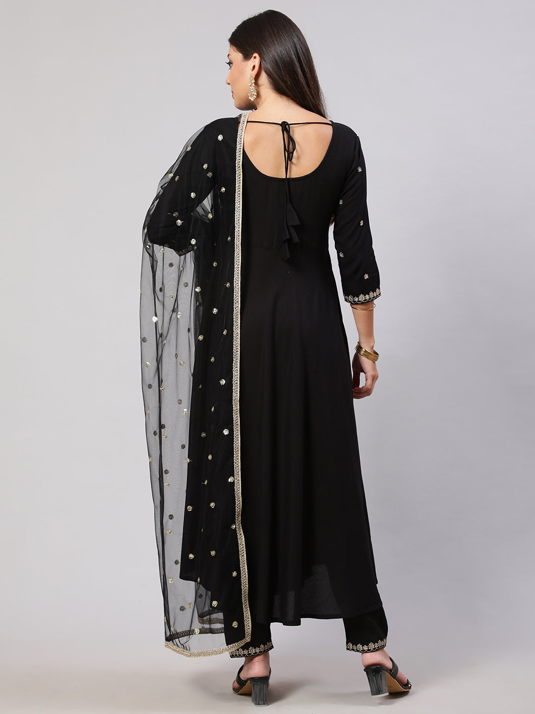 Women's Black Embroidered Flared Kurta With Trouser And Net Dupatta - Nayo Clothing