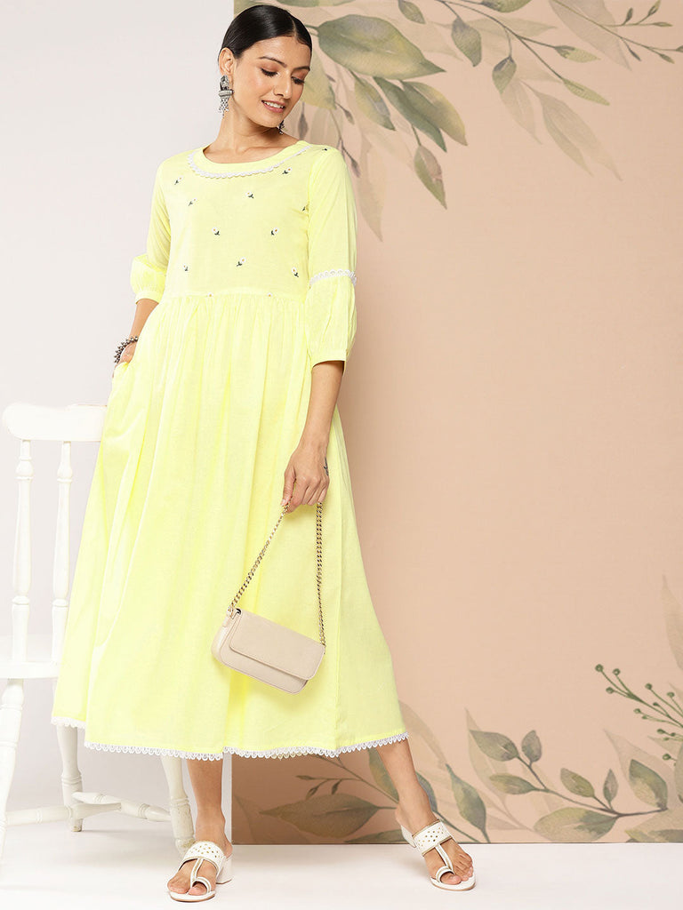 Women's Wome Yellow Embroidered Flared Dress With Three Quarter sleeves