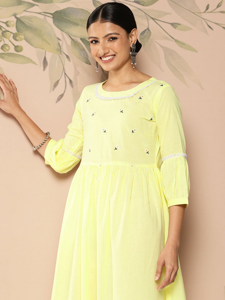 Women's Wome Yellow Embroidered Flared Dress With Three Quarter sleeves