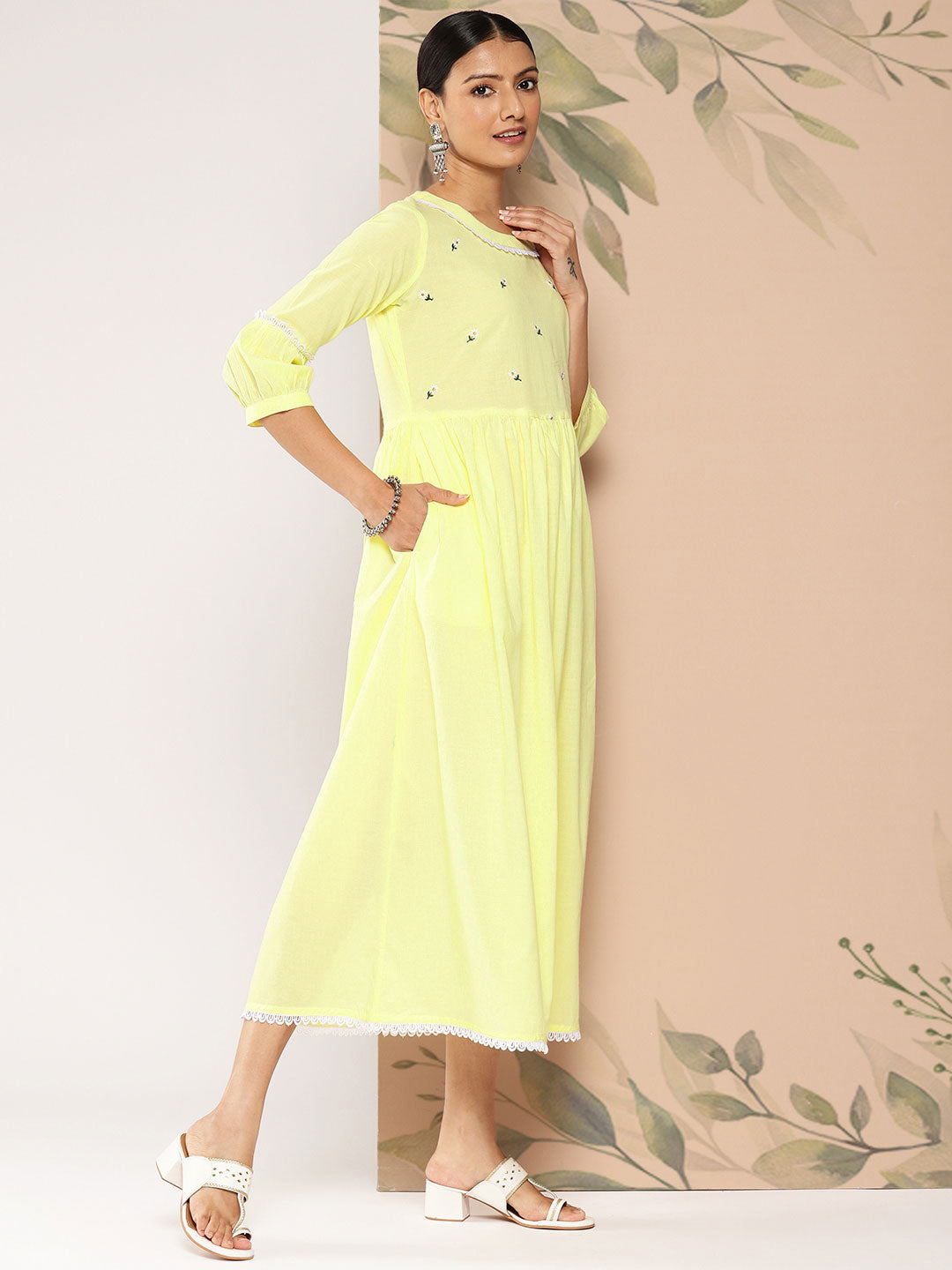 Women's Wome Yellow Embroidered Flared Dress With Three Quarter sleeves - Nayo Clothing