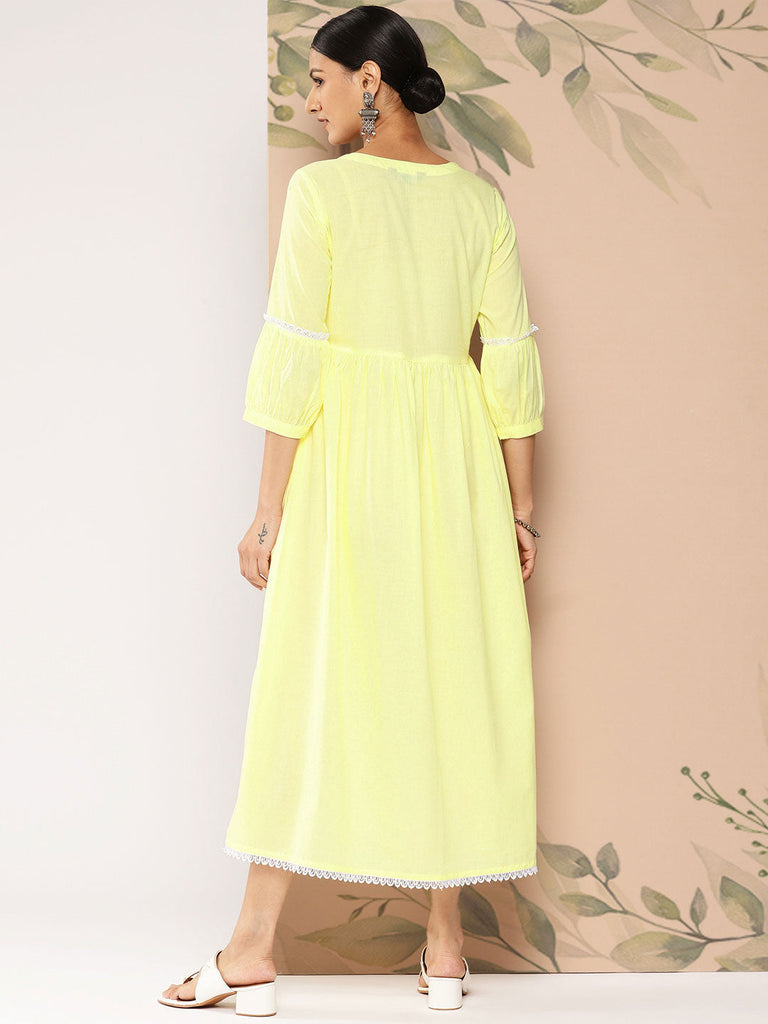 Women's Wome Yellow Embroidered Flared Dress With Three Quarter sleeves