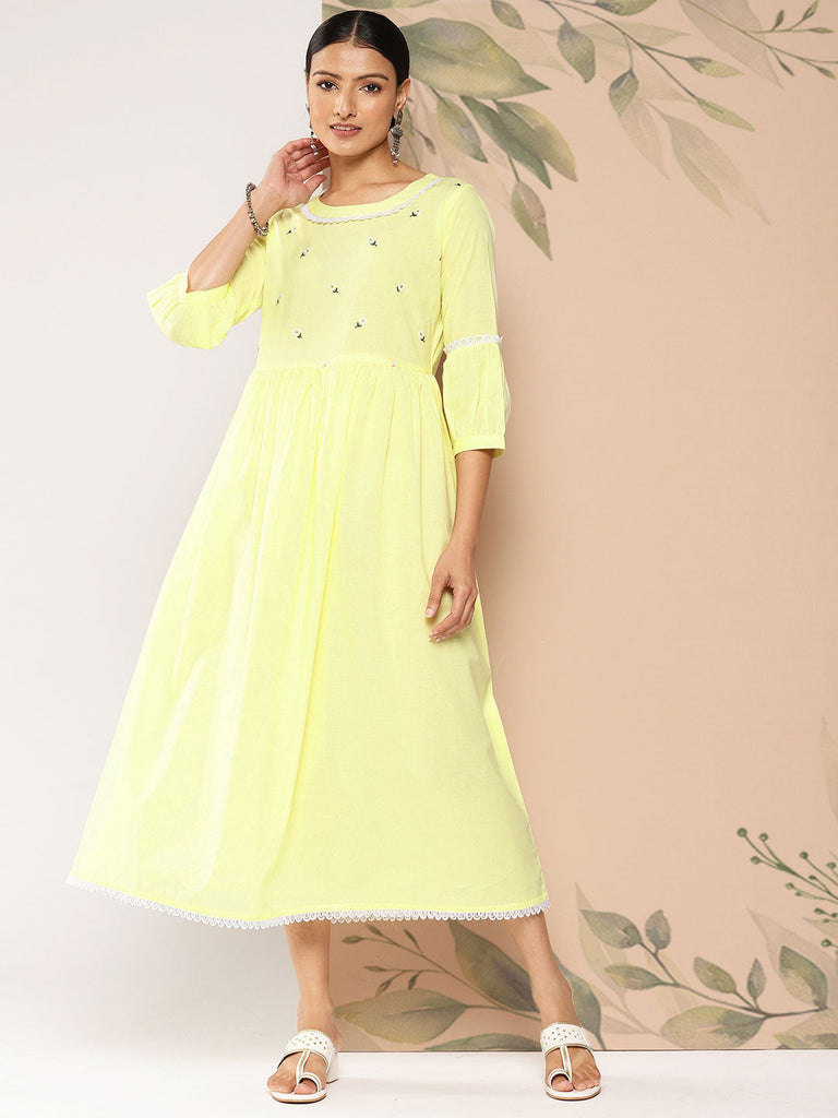 Women's Wome Yellow Embroidered Flared Dress With Three Quarter sleeves