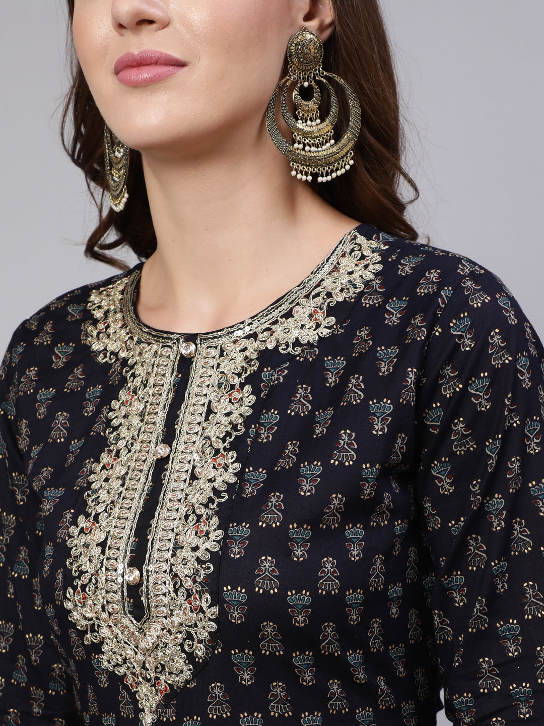 Women's Navy Blue Embroidered Flared Kurta With Trouser And Dupatta - Taantav