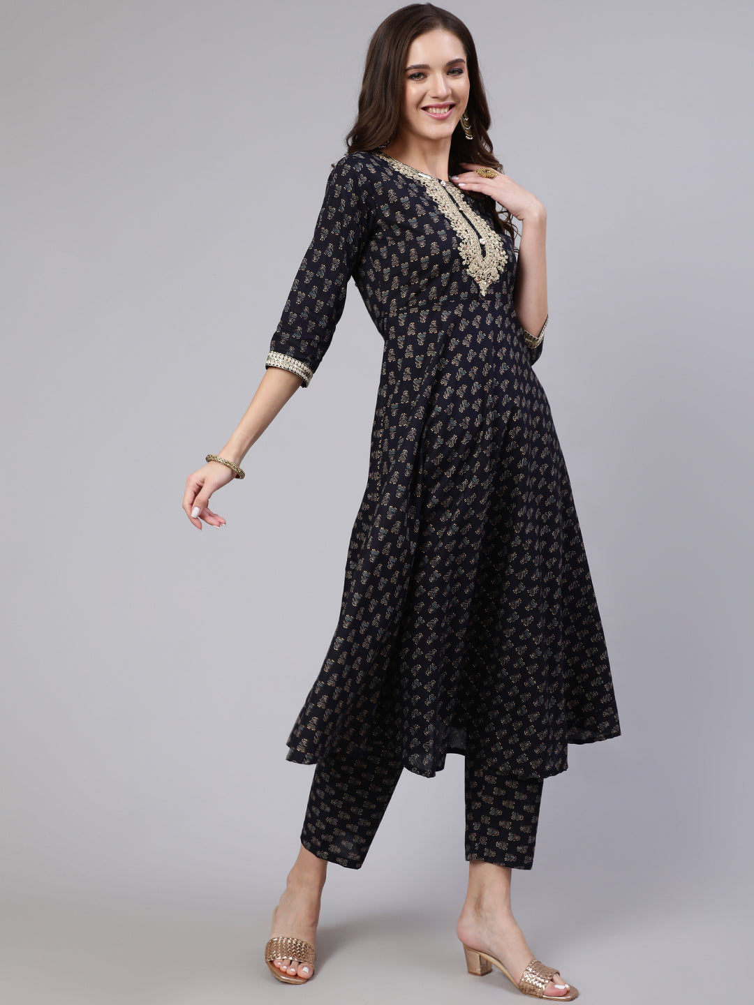 Women's Navy Blue Embroidered Flared Kurta With Trouser And Dupatta - Nayo Clothing
