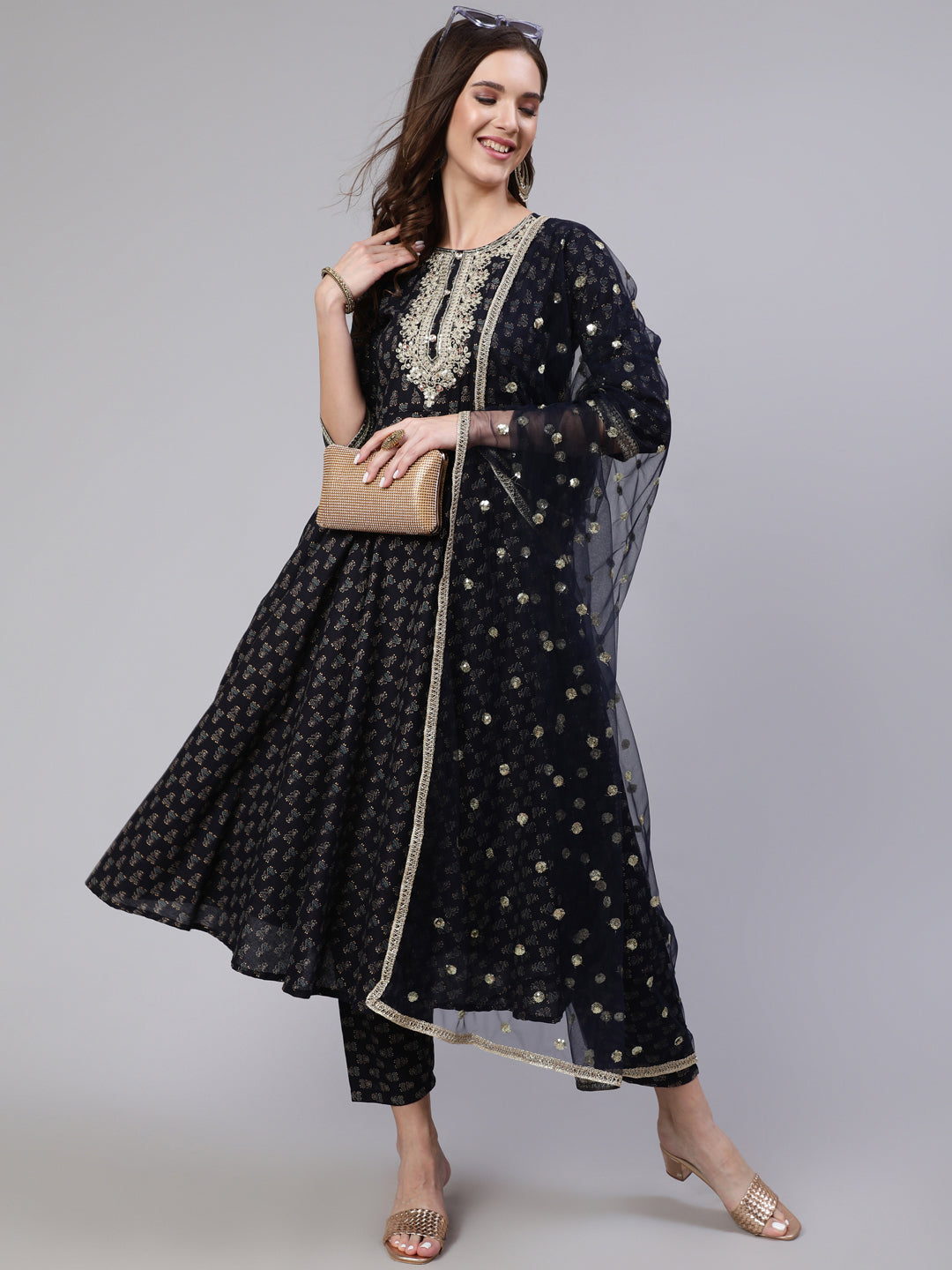 Women's Navy Blue Embroidered Flared Kurta With Trouser And Dupatta - Nayo Clothing