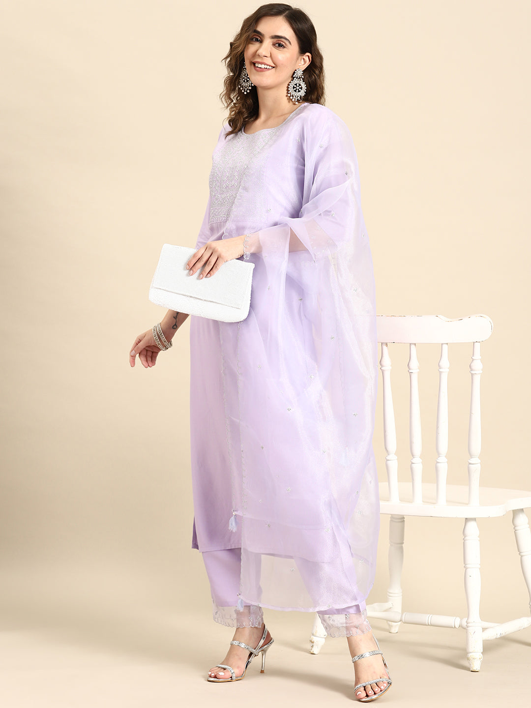Women's Lavender Embroidered Straight Kurta With Palazzo & Dupatta - Nayo Clothing