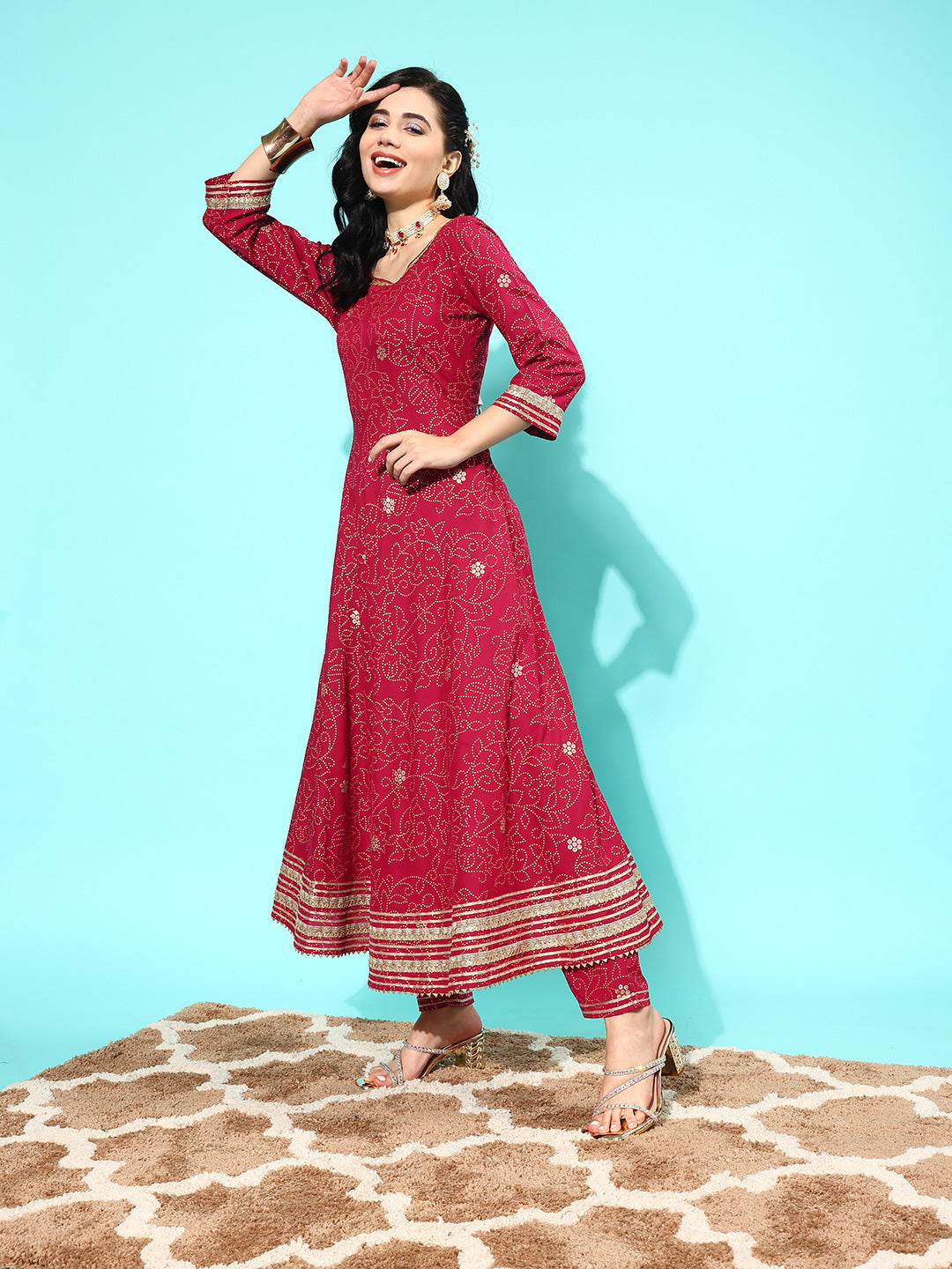 Women's Maroon Floral Printed Regular Gotta Patti Pure Cotton Kurta with Trousers & With Dupatta - Nayo Clothing