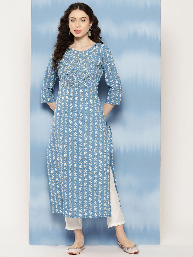 Women's Blue Embroidered Yoke Desgin Straight Kurta
