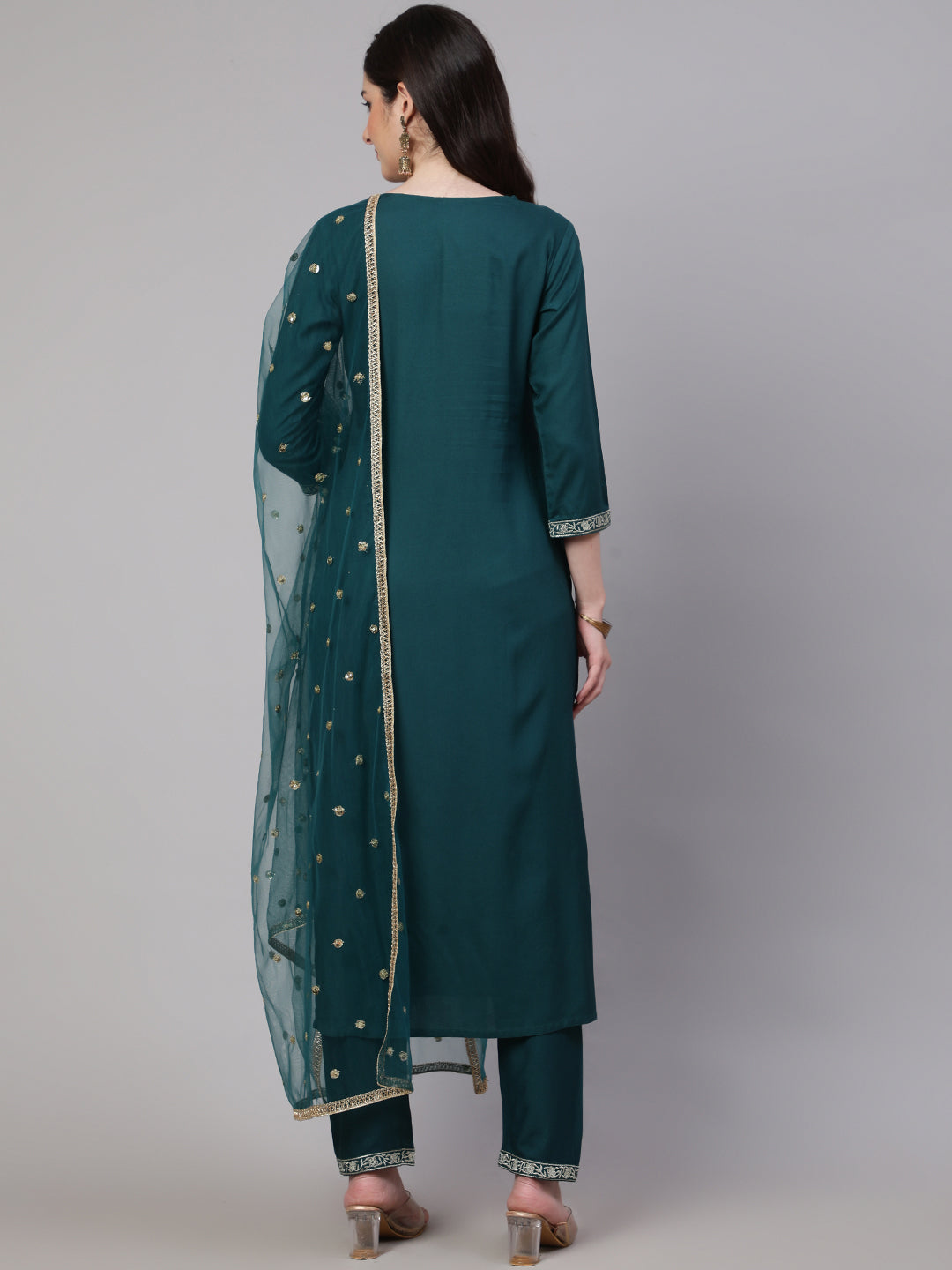 Women's Green Embroidered Straight Kurta With Trouser And Net Dupatta - Taantav
