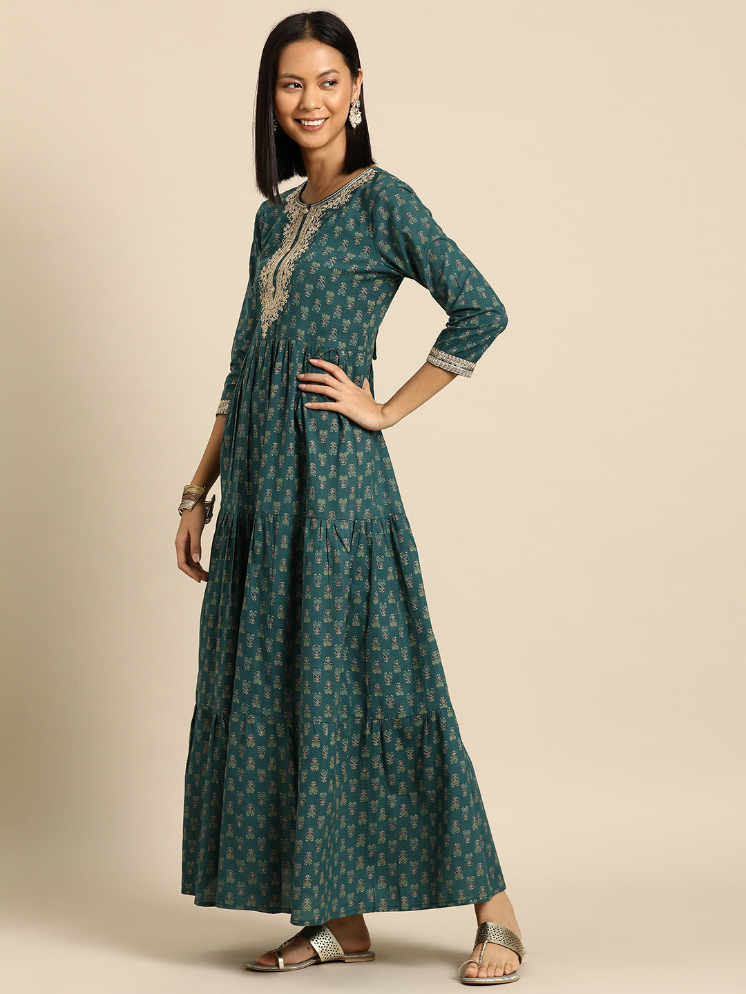 Women's Wome Green Embroidered Flared Dress With Net Dupatta - Nayo Clothing