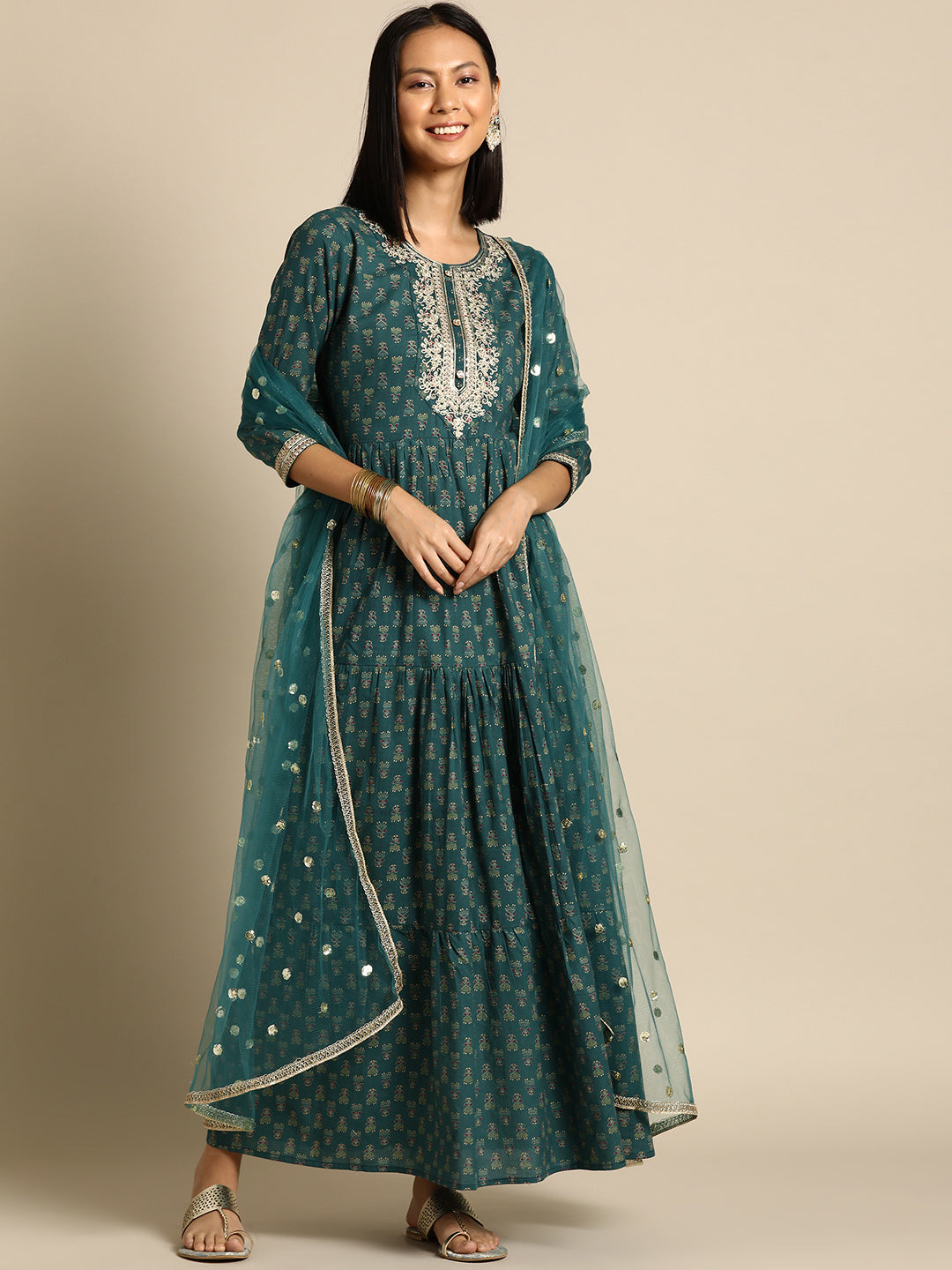 Women's Wome Green Embroidered Flared Dress With Net Dupatta - Nayo Clothing