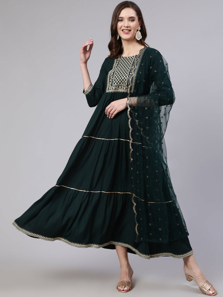 Women's Wome Green Embroidered Flared Dress With Net Dupatta