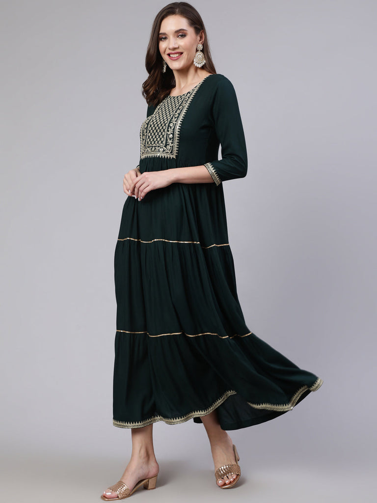 Women's Wome Green Embroidered Flared Dress With Net Dupatta
