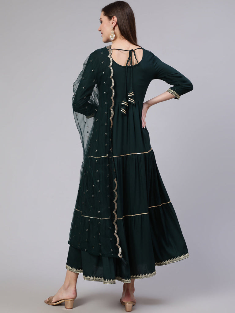 Women's Wome Green Embroidered Flared Dress With Net Dupatta