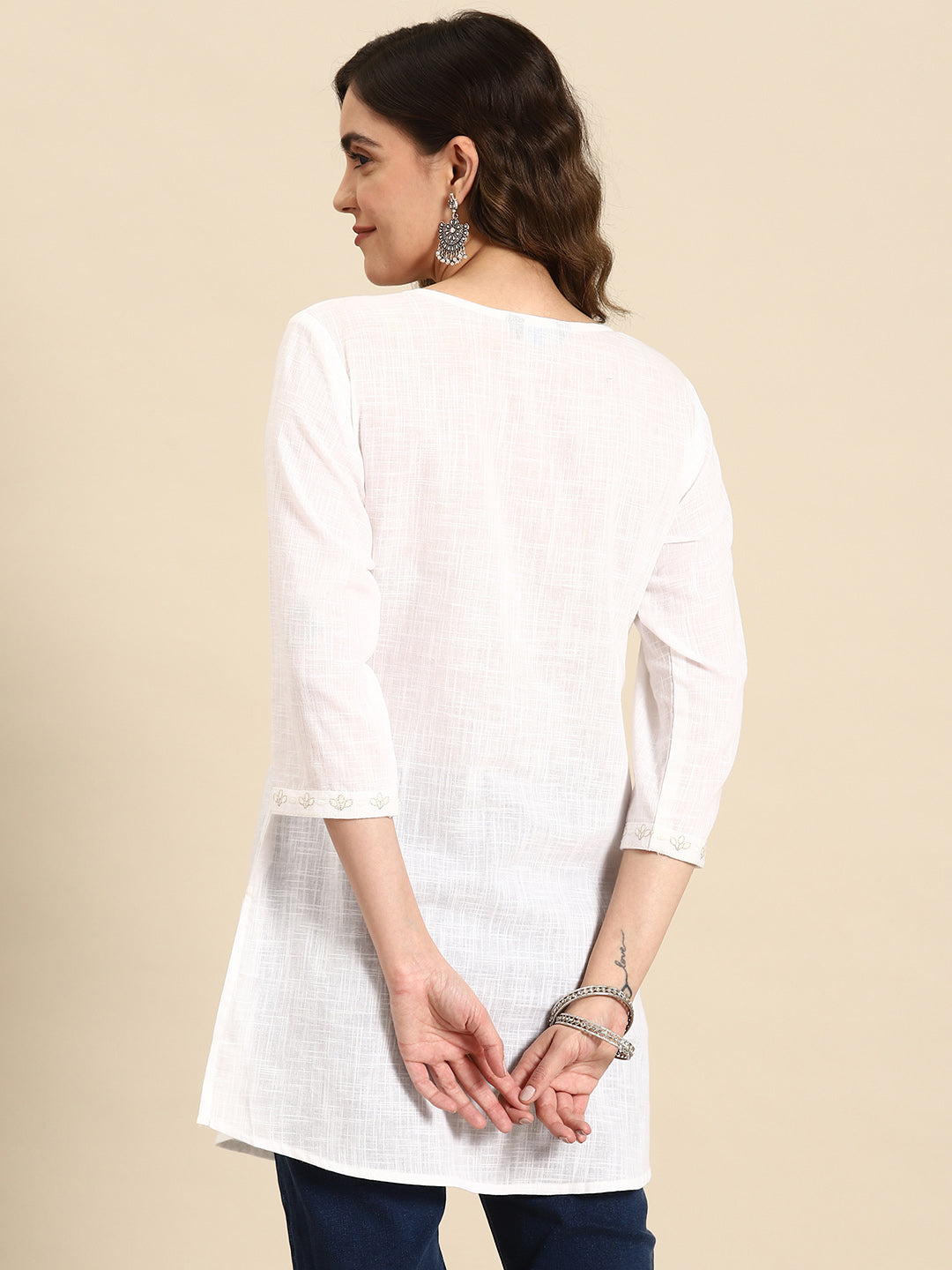 Women's Off-White Embroidered Straight Tunic With Three Quaretr Sleeves - Nayo Clothing