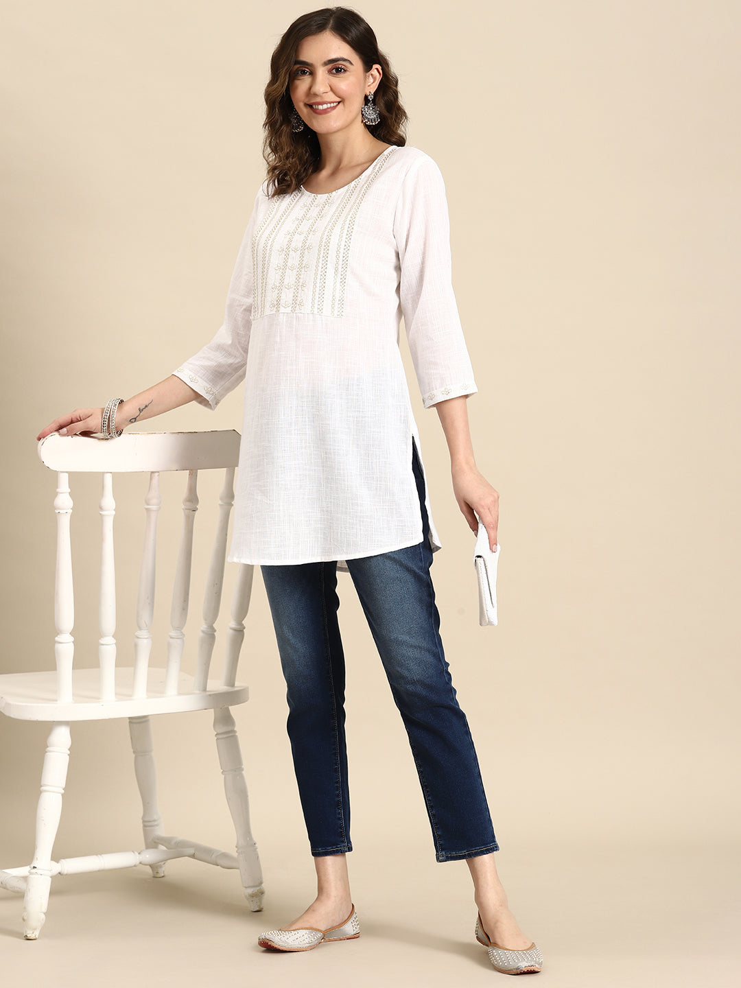 Women's Off-White Embroidered Straight Tunic With Three Quaretr Sleeves - Nayo Clothing