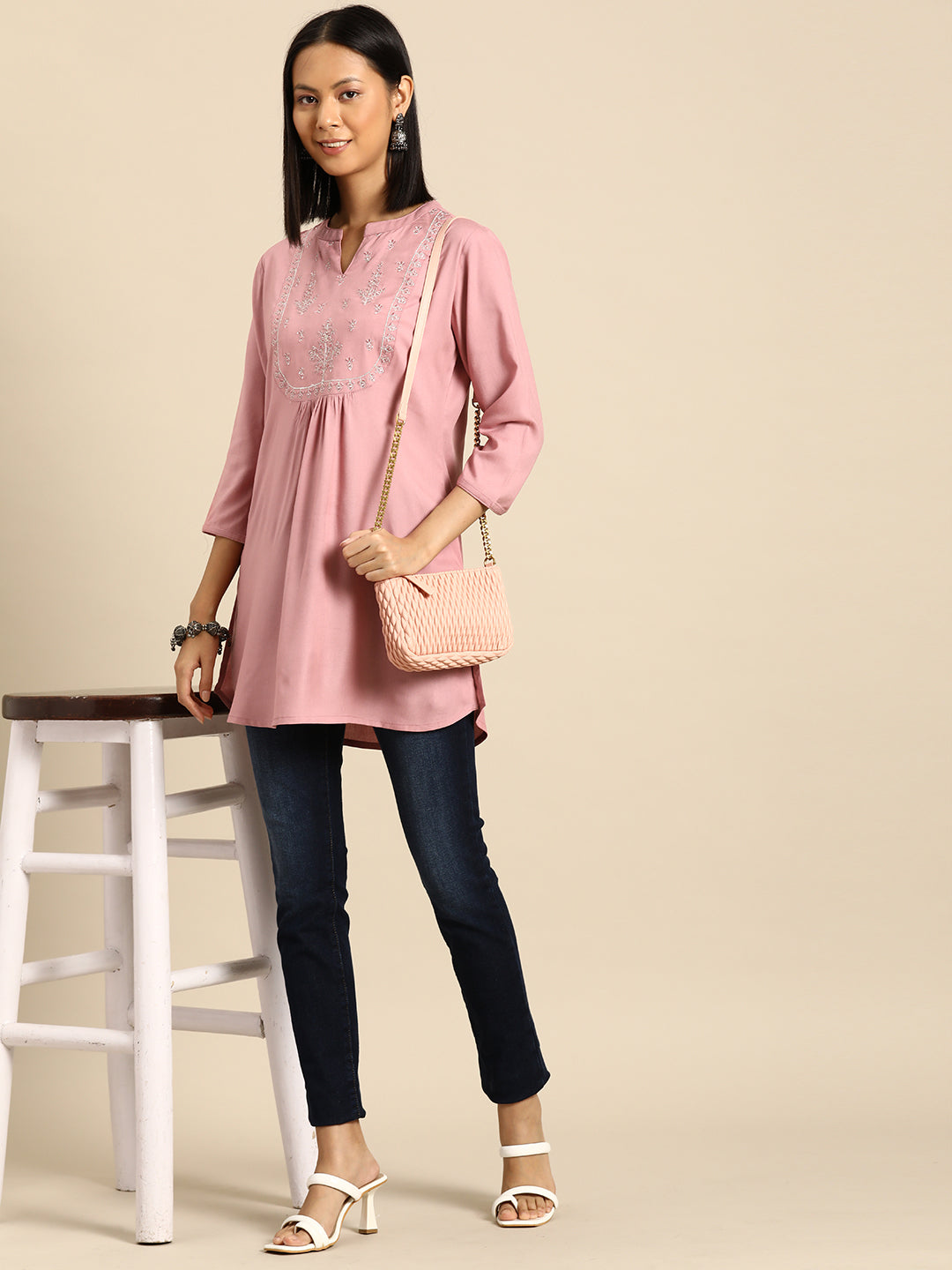 Women's Mauve Embroidered Straight Tunic With Three Quaretr Sleeves - Nayo Clothing