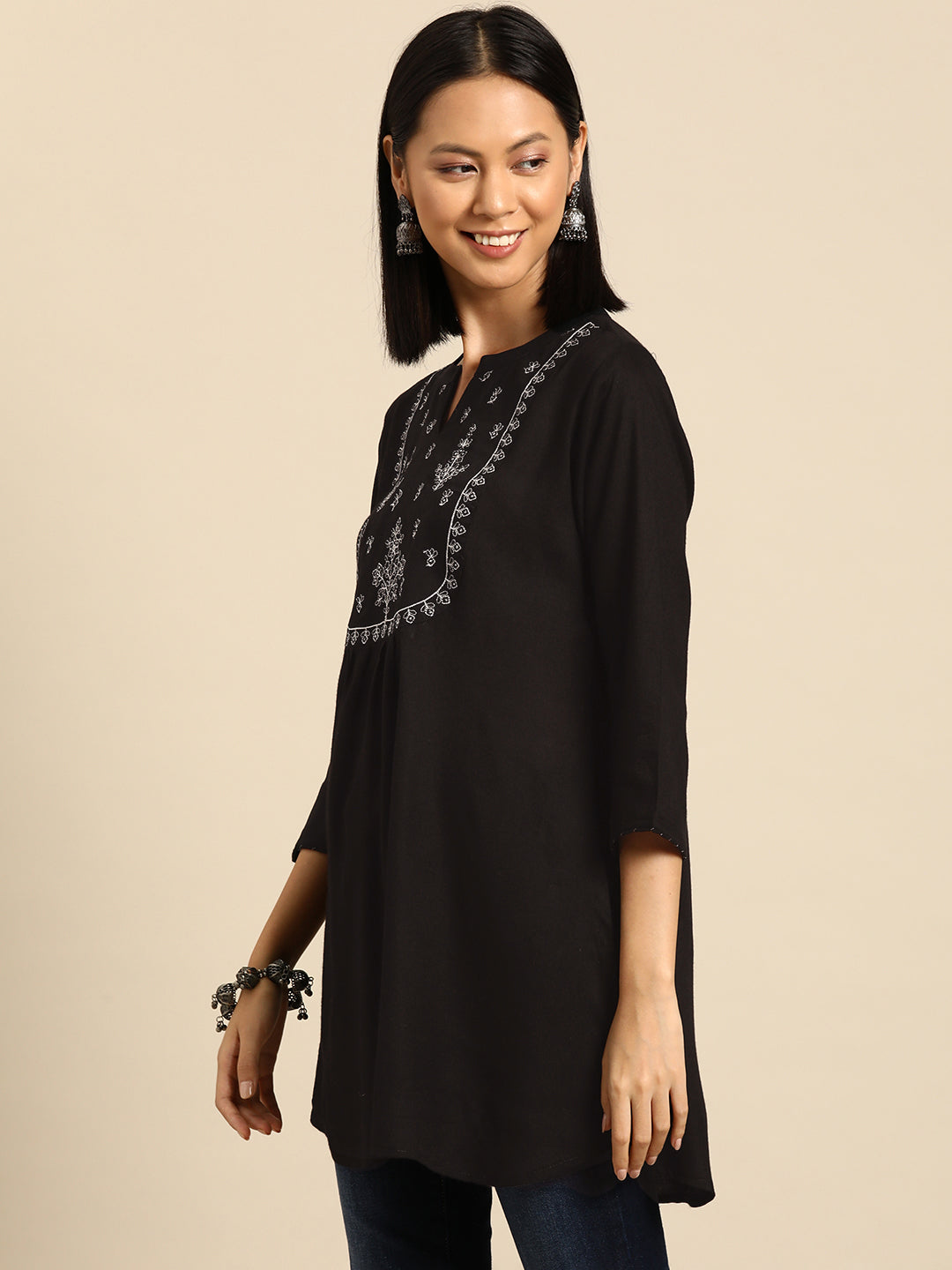 Women's Black Embroidered Yoke Straight Tunic With Three Quarter Sleeves - Nayo Clothing