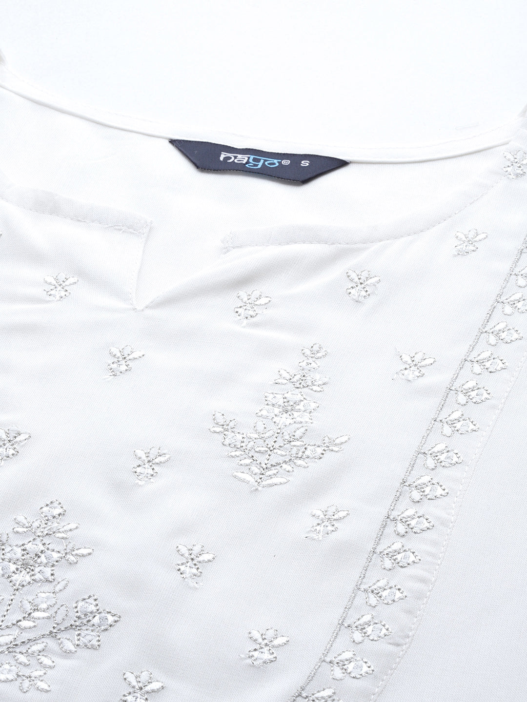 Women's White Embroidered Yoke Straight Tunic With Three Quarter Sleeves - Nayo Clothing