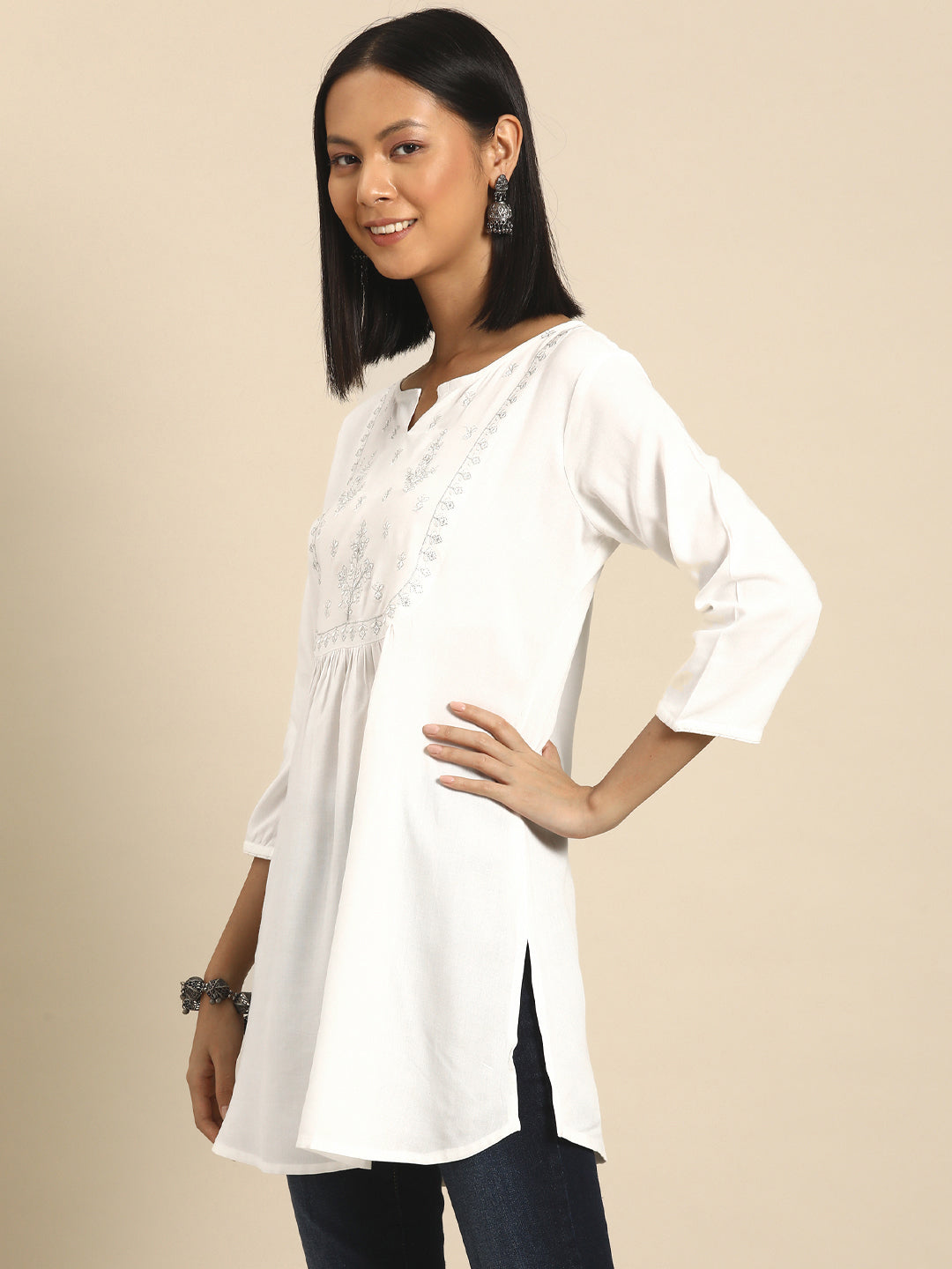 Women's White Embroidered Yoke Straight Tunic With Three Quarter Sleeves - Nayo Clothing